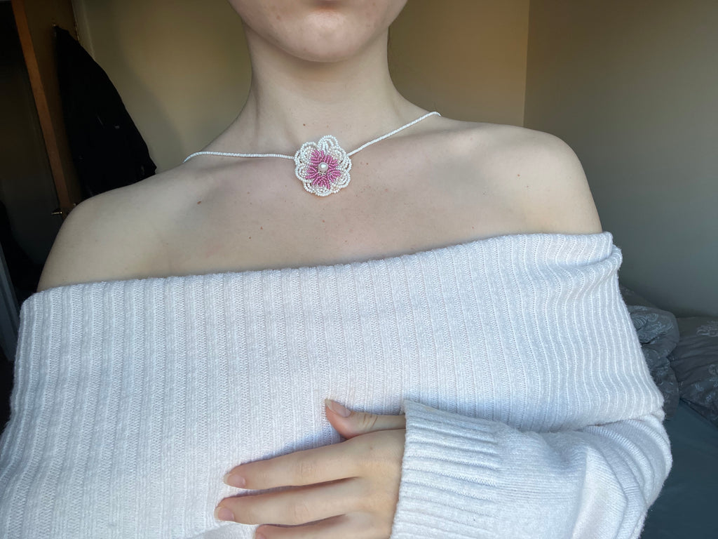 Pink pansy appliqué wrap necklace