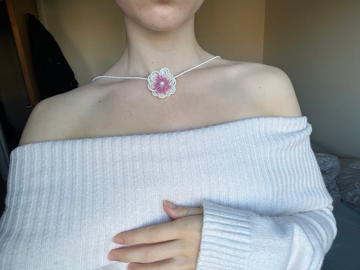Pink pansy appliqué wrap necklace