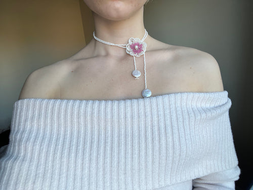 Pink pansy appliqué wrap necklace
