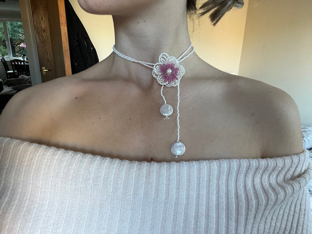 Pink pansy appliqué wrap necklace