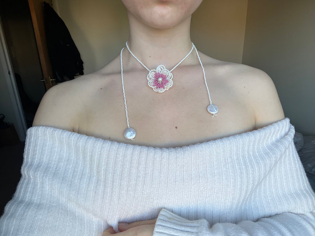 Pink pansy appliqué wrap necklace