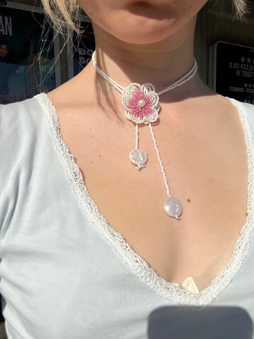 Pink pansy appliqué wrap necklace
